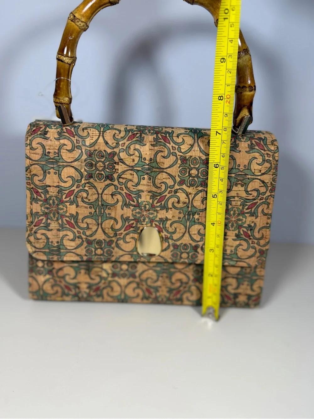 Unk Beige Patterned Bamboo-Handle Crossbody Bag with Gold Chain